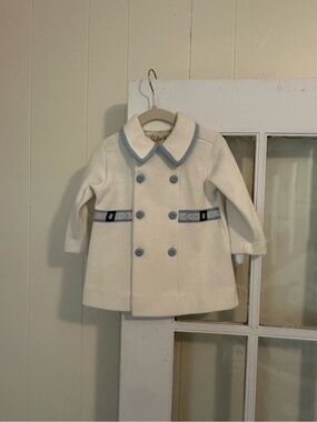 Baby Vintage “Little World” double breasted coat blue & cream